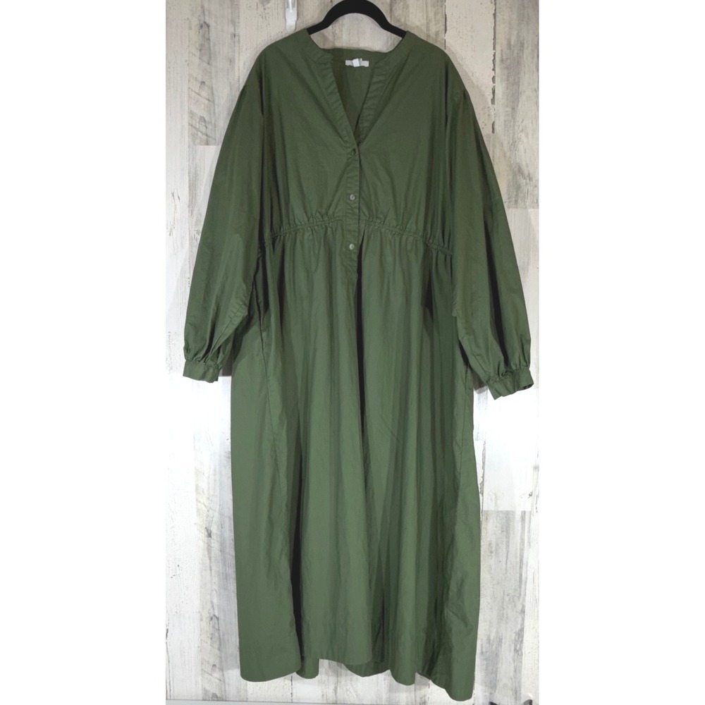 Calme Johnny Was Maxi Dress XXL Olive Green Cotton Balloon Sleeve Elastic Waist
